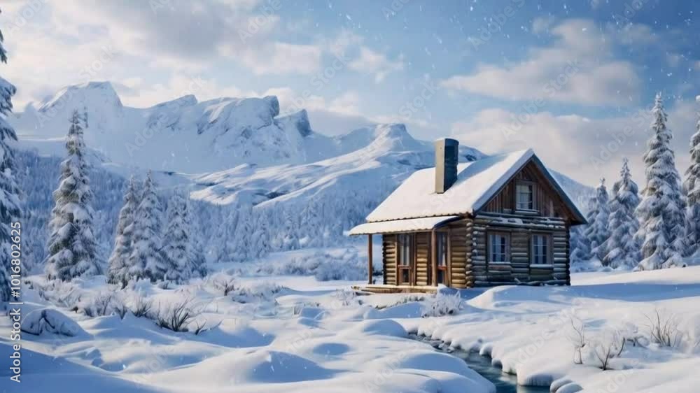 Picturesque Winter Wonderland: A Cozy Log Cabin in a Snowy Landscape - 4K Picturesque Winter Wonderland: A Cozy Log Cabin in a Snowy Landscape - 4K