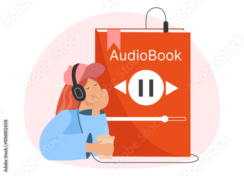 Girl listens to an audiobook.Flat vector illustration.