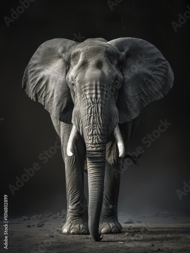 Majestic Elephant Elegance: Elephant’s regal stance with sleek fur and intense eyes illuminated by gentle light.