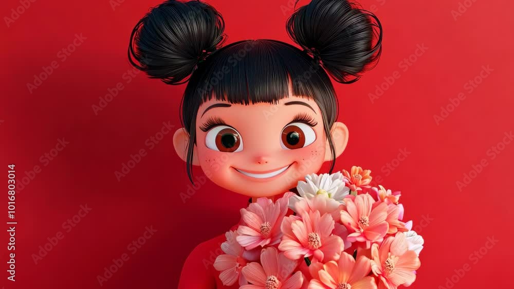 Little asian girl holding flowers is smiling Little asian girl holding flowers is smiling