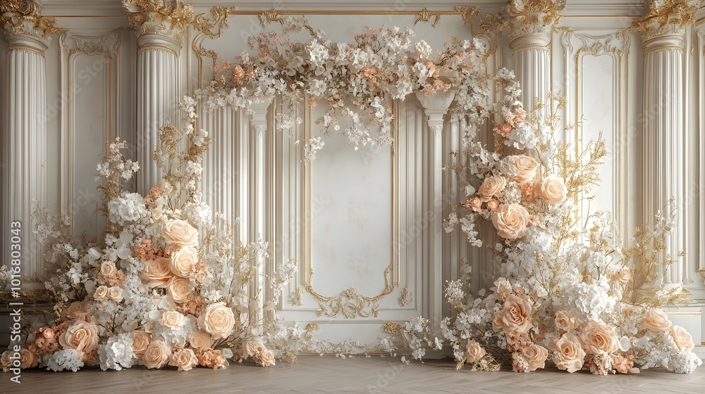 Luxurious and glamorous wedding backdrop with intricate floral designs ornate gold accents and a chic opulent aesthetic for a grand and lavish Luxurious and glamorous wedding backdrop with intricate floral designs ornate gold accents and a chic opulent aesthetic for a grand and lavish