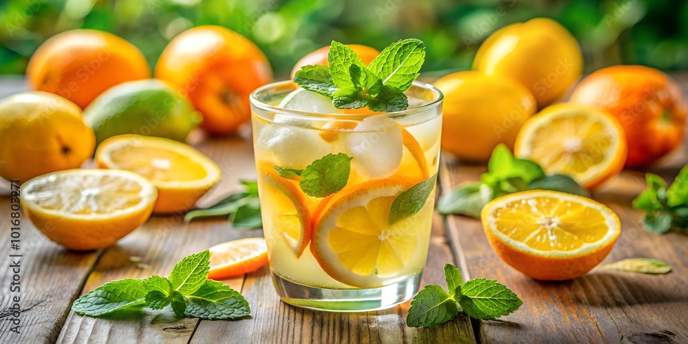 A glass of refreshing lemonade with ice cubes, fresh lemons and oranges, and mint leaves in a bright summer setting A glass of refreshing lemonade with ice cubes, fresh lemons and oranges, and mint leaves in a bright summer setting