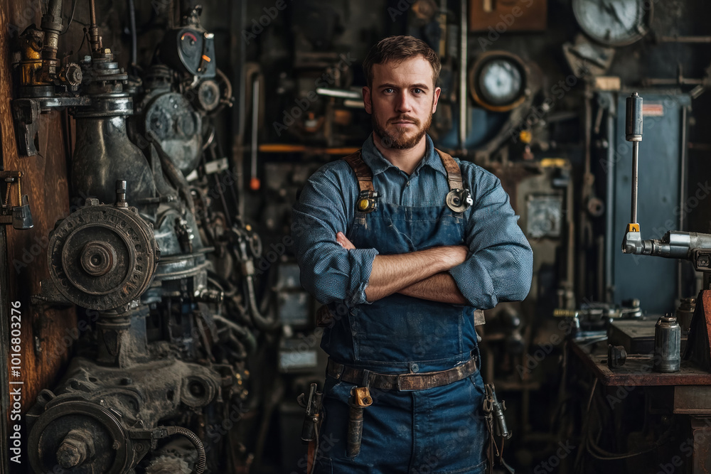 Serious male mechanic in overalls standing with crossed arms in an industrial workshop. The background is filled with heavy machinery and tools, emphasizing a technical and mechanical work environment Serious male mechanic in overalls standing with crossed arms in an industrial workshop. The background is filled with heavy machinery and tools, emphasizing a technical and mechanical work environment