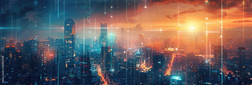 Fototapeta premium Futuristic cityscape with glowing lights and digital rain.