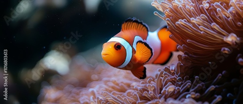  A close-up of a clownfish in an anemone Anemone provides safe shelter for the clownfish