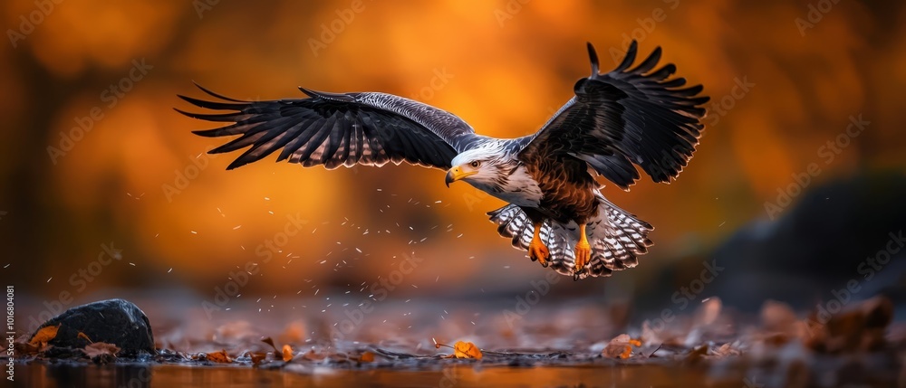 Obraz premium A bird flies over a body of water, its wings spread wide