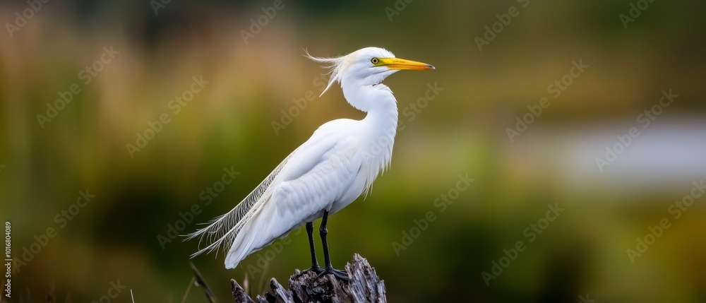 A white bird with a yellow beak perches atop a stump against a hazy backdrop of grass and water A white bird with a yellow beak perches atop a stump against a hazy backdrop of grass and water