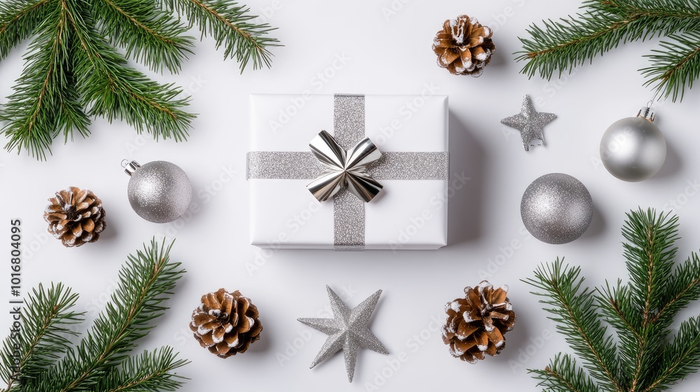 A white gift box adorned with silver decorations and arranged with a pine tree branch creates an elegant minimalist design perfect for holiday greetings A white gift box adorned with silver decorations and arranged with a pine tree branch creates an elegant minimalist design perfect for holiday greetings
