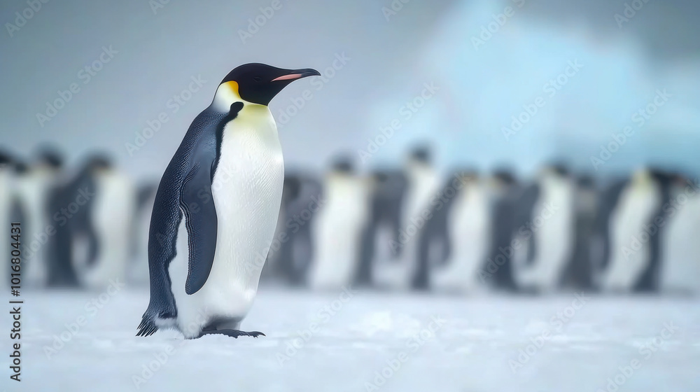 Obraz premium Group of king penguins coming back together from sea to beach with waves in the background