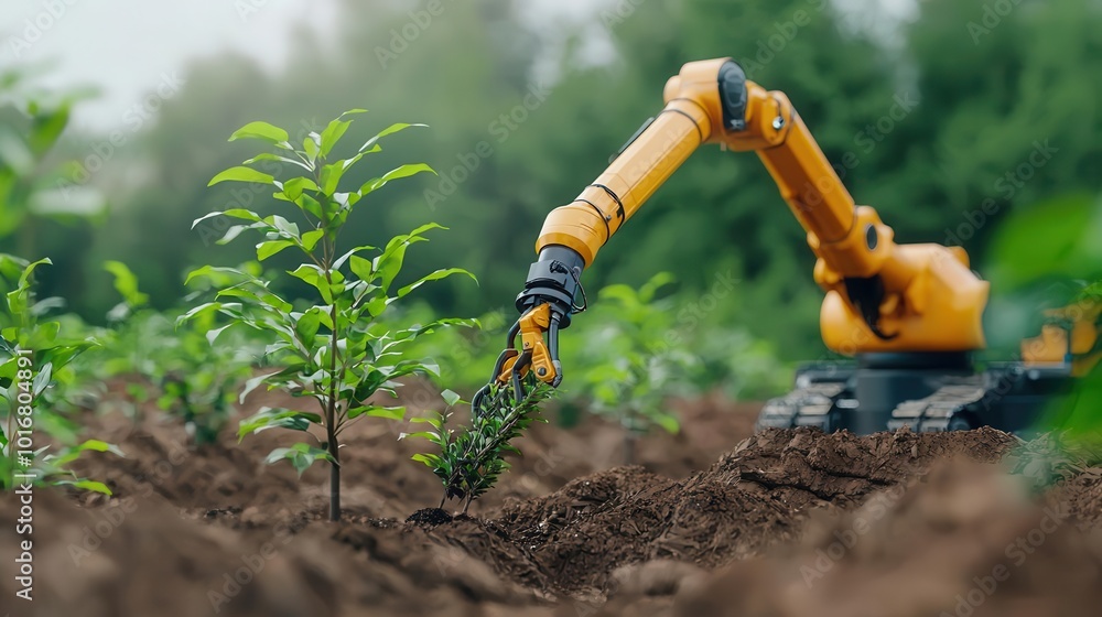 Robotic tree-planting machine with precision arms planting large trees in a field, Robotic tree planting, Innovative, efficient, futuristic Robotic tree-planting machine with precision arms planting large trees in a field, Robotic tree planting, Innovative, efficient, futuristic