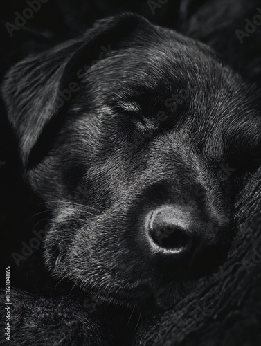 A black dog sleeping on top of a black blanket.