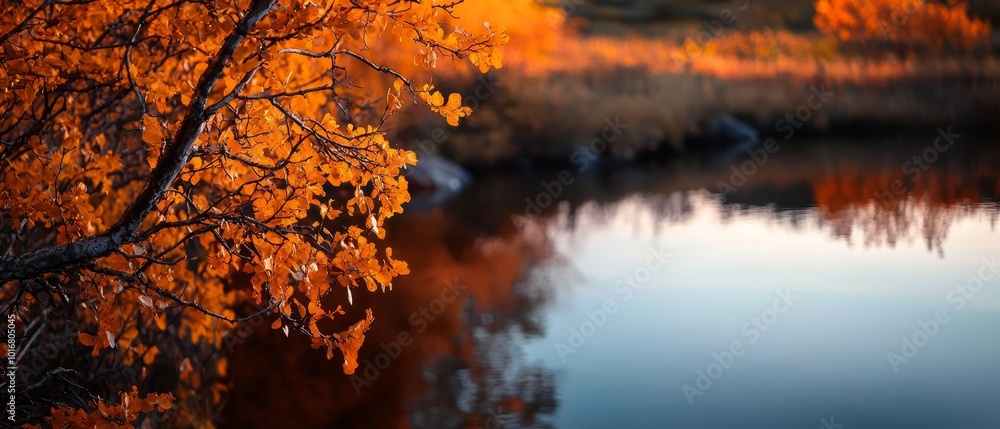 A body of water enclosed by trees with orange leaves in the foreground and a blue sky behind A body of water enclosed by trees with orange leaves in the foreground and a blue sky behind