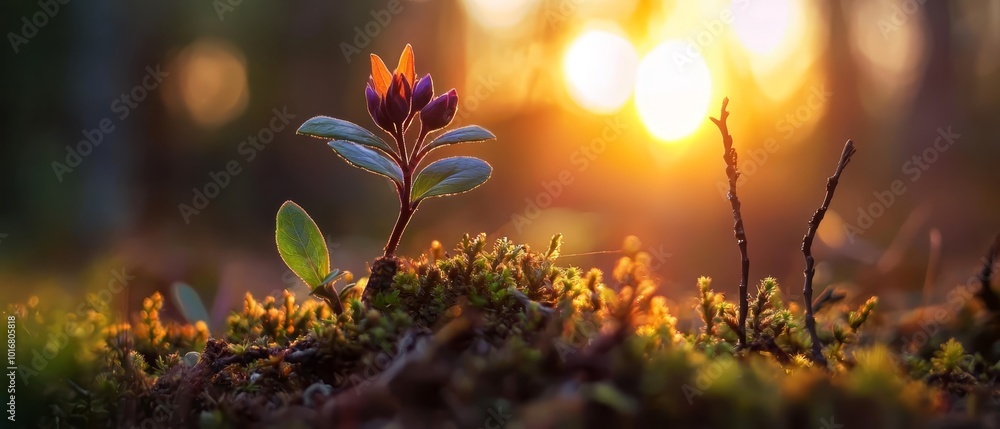 A tight shot of a small plant against a mossy backdrop, with sunlight filtering through the tree branches behind A tight shot of a small plant against a mossy backdrop, with sunlight filtering through the tree branches behind