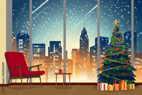 Christmas room or office with a Christmas tree, decorated with Christmas balls and gifts overlooking the business district of the city with skyscrapers and business centers. 