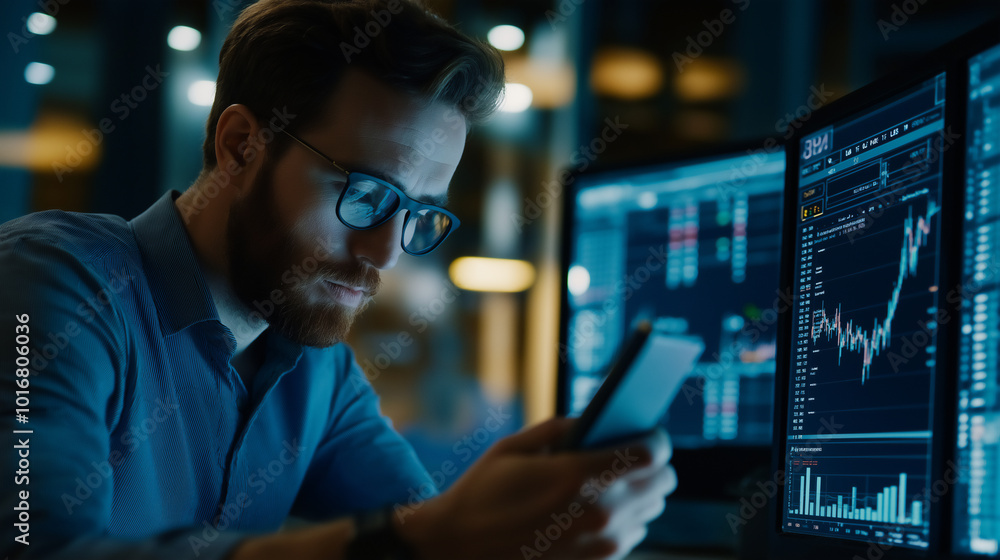 Male investor is using smartphone and AI technology to analyze and check the result or trend of stock trading in control room. Male investor is using smartphone and AI technology to analyze and check the result or trend of stock trading in control room.