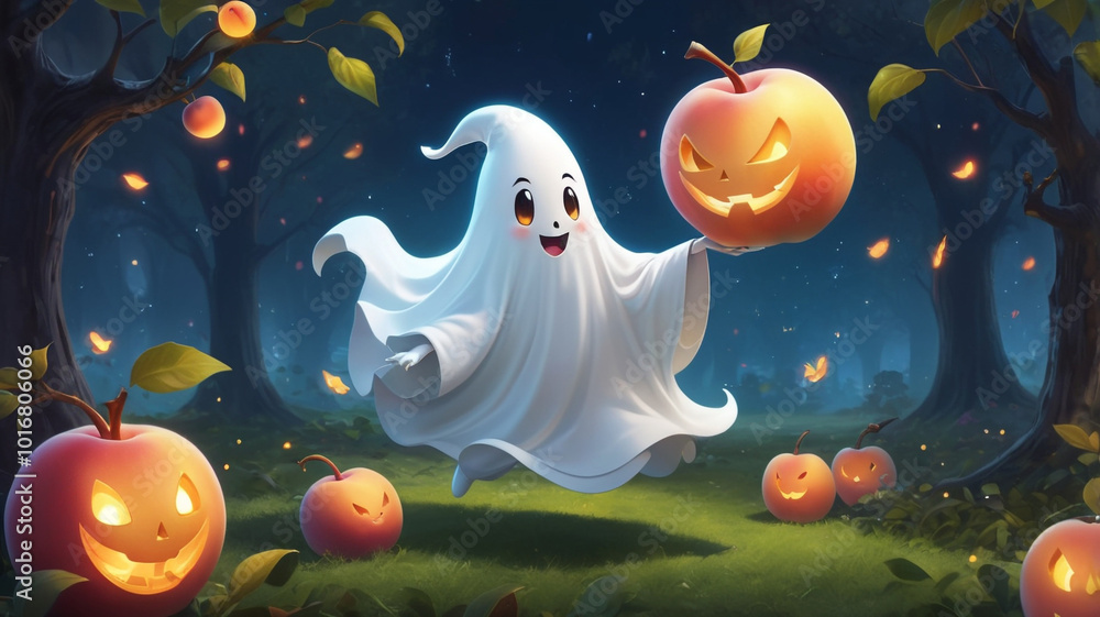 Fototapeta premium Cheerful Ghost with Halloween Pumpkins in Enchanted Forest