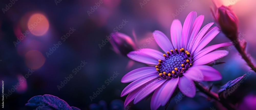 A tight shot of a purple bloom against a backdrop of softly blurred lights Foreground features an equally hazy, indistinct image A tight shot of a purple bloom against a backdrop of softly blurred lights Foreground features an equally hazy, indistinct image