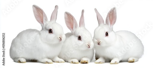 Isolated in transparent stock image are three white rabbits (portraits, sitting), with an animal bundle on a white background