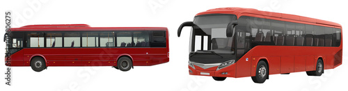 Coach red bus transportation vehicle isolated Png, transparent without background.