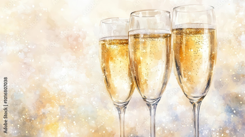 elegant watercolor depiction of champagne glasses, filled with bubbly golden liquid, reflecting soft light. background of delicate sparkles and light brush strokes enhances the festive mood elegant watercolor depiction of champagne glasses, filled with bubbly golden liquid, reflecting soft light. background of delicate sparkles and light brush strokes enhances the festive mood