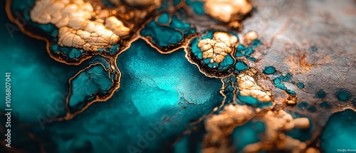  A detailed depiction of an artwork, with gold and teal hues dominantly used in this up-close representation