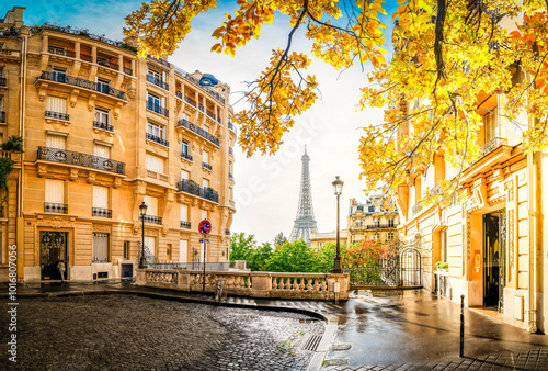 Fototapeta Naklejka Na Ścianę i Meble -  cosy Paris street with view on the famous Eiffel Tower on a cloudy autumn day, Paris France, toned