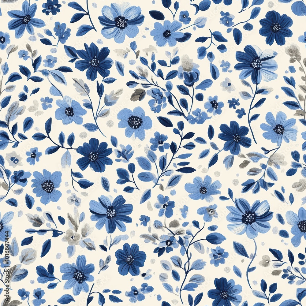 Seamless floral pattern with a variety of flowers in shades of blue, perfect for fabric design, wallpaper, or background use. Tiled Seamless floral pattern with a variety of flowers in shades of blue, perfect for fabric design, wallpaper, or background use. Tiled