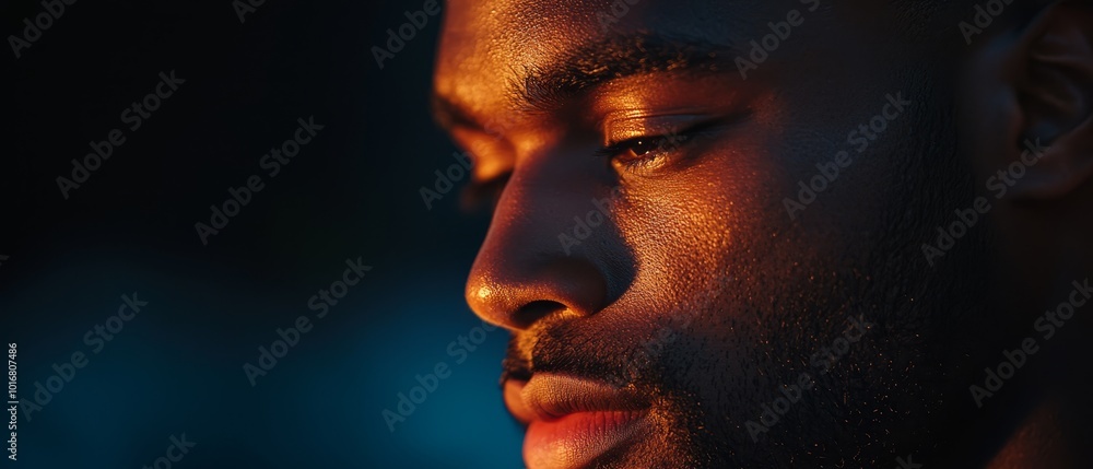 A tight shot of a man's profile, his expression grave as he gazes off to the side A tight shot of a man's profile, his expression grave as he gazes off to the side