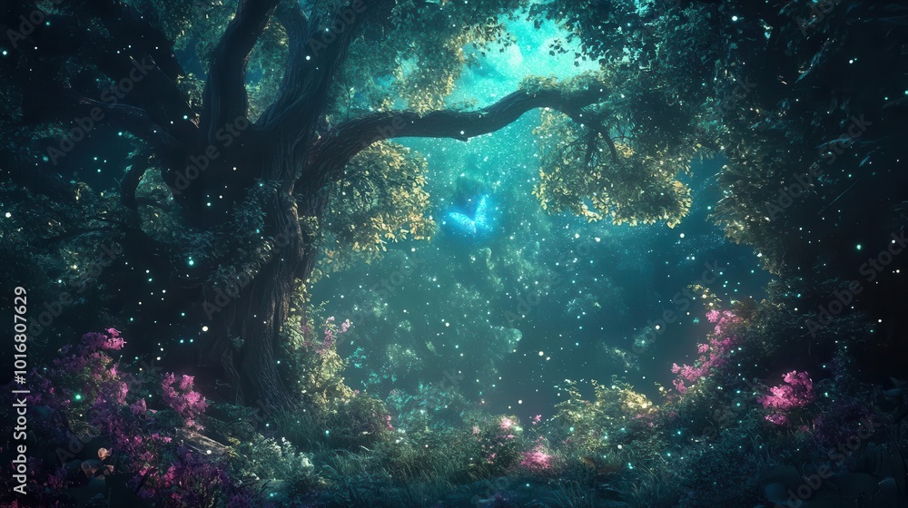 enchanting digital fairy tale landscape under a starlit sky, whimsical forest with glowing flora, evoking a sense of magic and wonder, perfect for immersive fantasy backgrounds enchanting digital fairy tale landscape under a starlit sky, whimsical forest with glowing flora, evoking a sense of magic and wonder, perfect for immersive fantasy backgrounds