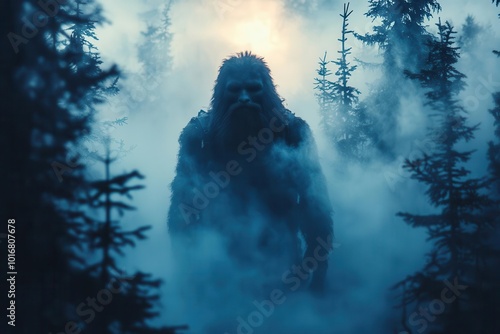 ethereal bigfoot silhouette emerging from misty forest moonlit branches mysterious atmosphere cinematic lighting soft focus edges muted earthy tones