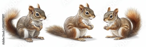 Stock Modern of a squirrel collection (red, brown, grey, black), isolated on a white background.