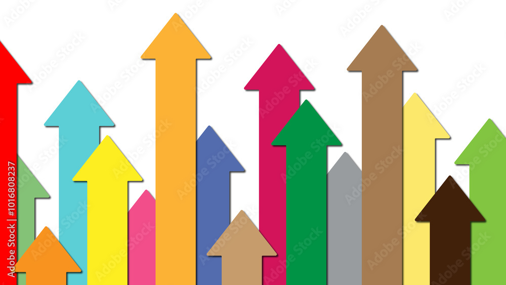 Increasing concept. Multiple colorful upward arrows of varying heights on a white backdrop, symbolizing growth, progress, development, and success. Increasing concept. Multiple colorful upward arrows of varying heights on a white backdrop, symbolizing growth, progress, development, and success.