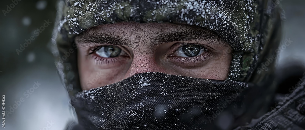 A tight shot of a figure in a jacket and scarf, snow heavily accumulating on their face, obscuring their eyes A tight shot of a figure in a jacket and scarf, snow heavily accumulating on their face, obscuring their eyes