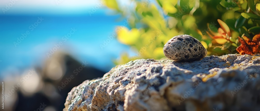A rock atop a lush green hill, adjacent to a body of water A rock atop a lush green hill, adjacent to a body of water