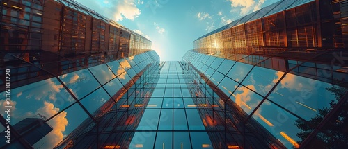 Modern skyscraper buildings with glass facades in the city center, with a double exposure effect. Blue and white color background. Concept of business and urban development. Realistic photograph.