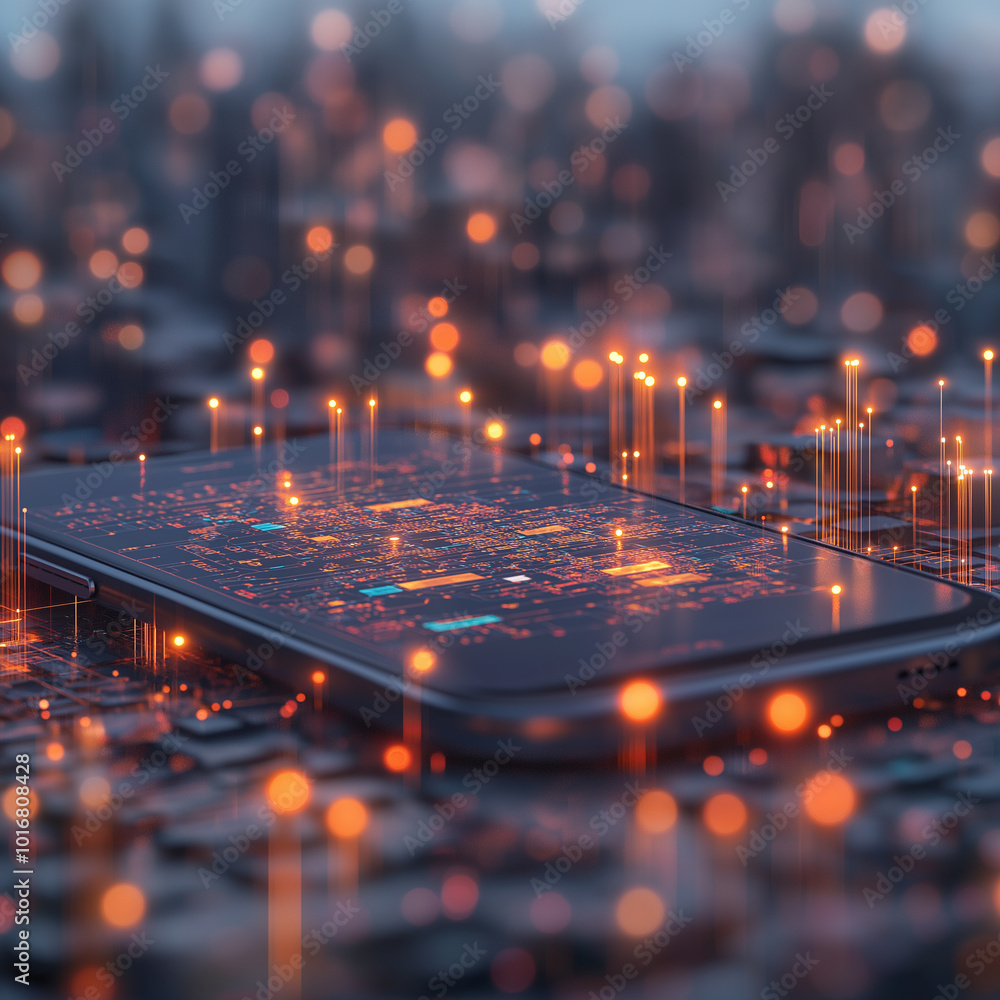 A cell phone is displayed on a circuit board with a glowing background A cell phone is displayed on a circuit board with a glowing background