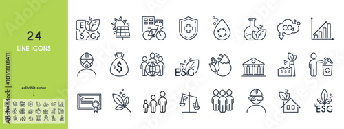 Set of icons on the environmental, social and governance aspects of sustainable and ethical business. ESG concept. Vector illustration isolated on white background. Editable Strokes