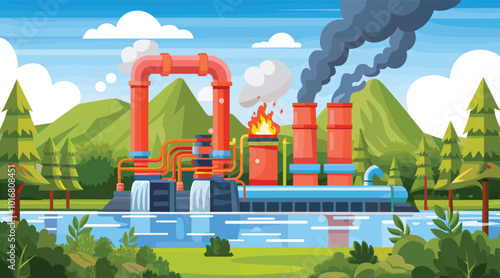 Colorful industrial plant in nature with smoke and fire