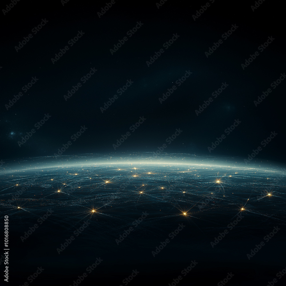 A black and white photo of a planet with a network of stars A black and white photo of a planet with a network of stars