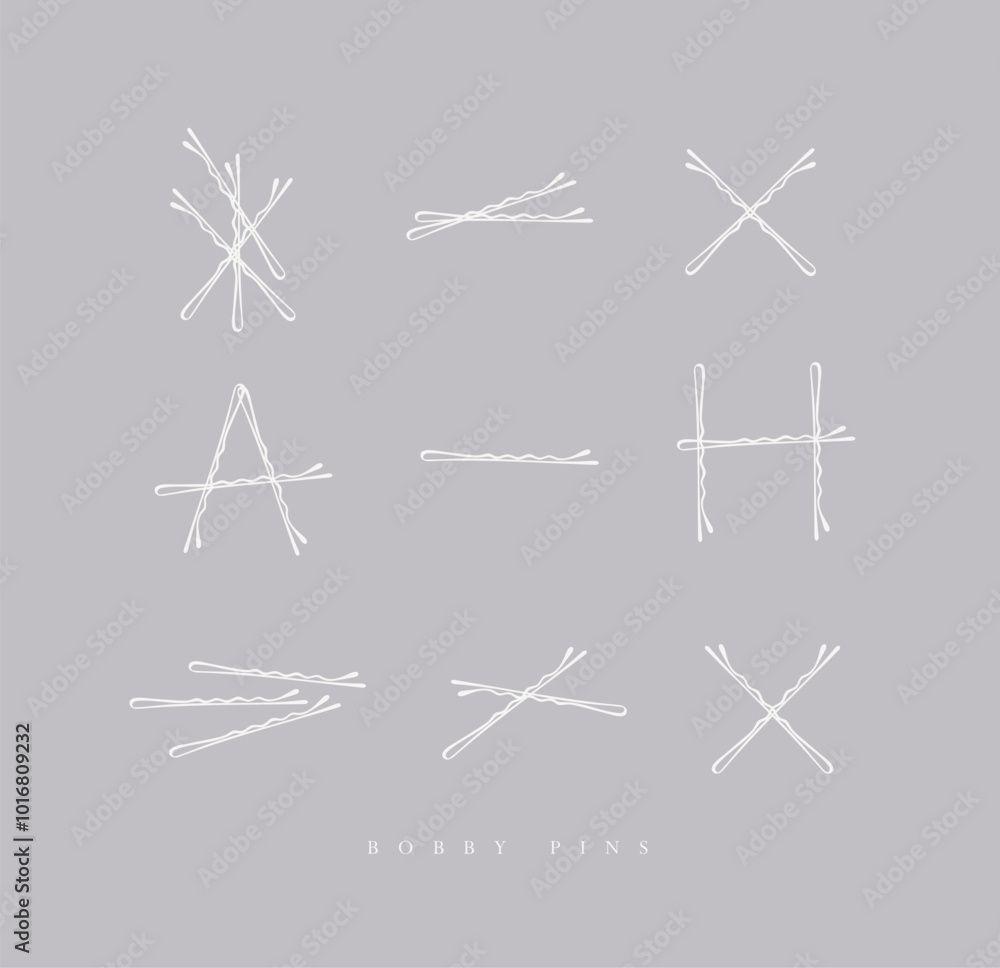 Bobby hair pins collection of wave shaped hairpins in various positions drawing on grey background