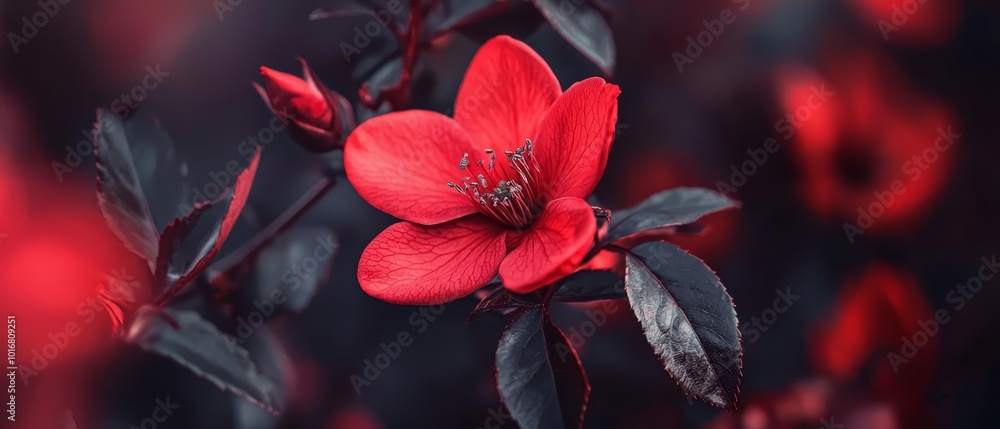 A red bloom, nestled on a verdant branch, surrounded by an indistinct backdrop of scarlet blossoms A red bloom, nestled on a verdant branch, surrounded by an indistinct backdrop of scarlet blossoms
