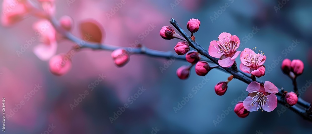 A branch displaying pink flowers up front; background blurred with leaves and branches A branch displaying pink flowers up front; background blurred with leaves and branches