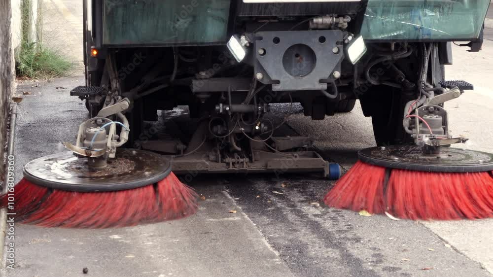 Close up of a street sweeper machine cleaning the streets Close up of a street sweeper machine cleaning the streets