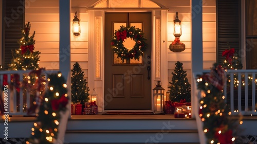 Wallpaper Mural Festive Christmas Porch Decor with Twinkling Lights and Small Trees Torontodigital.ca