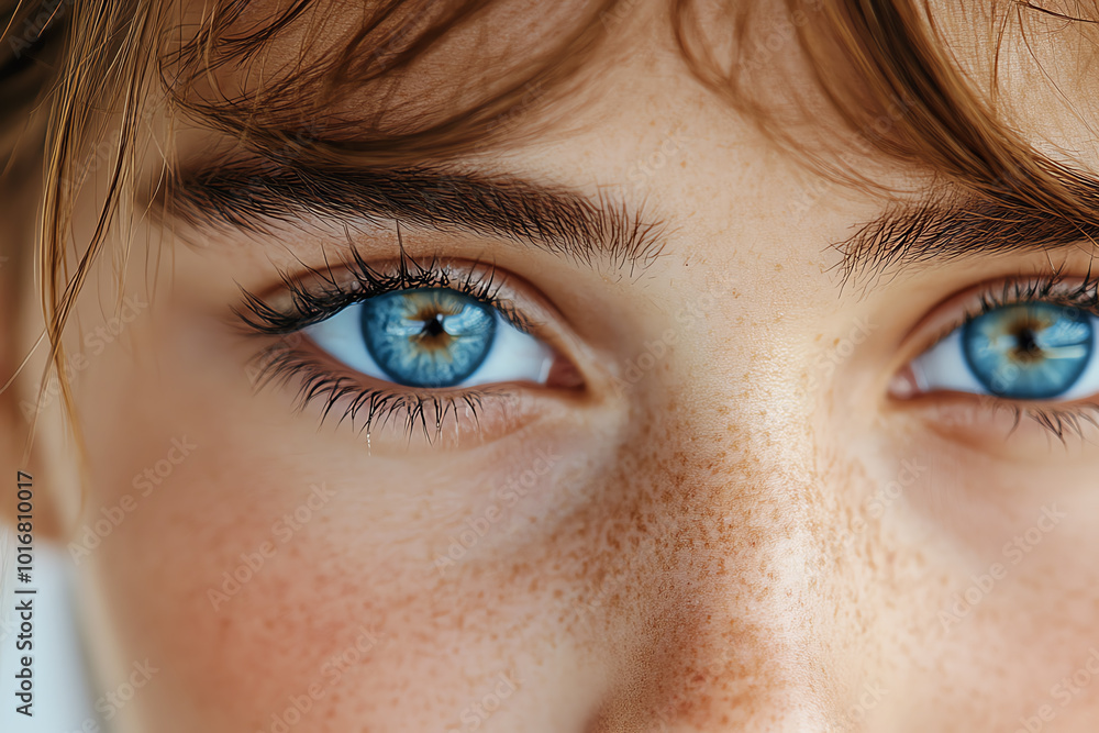 Fototapeta premium Close-up of youthful eyes showcasing blue irises and freckles.