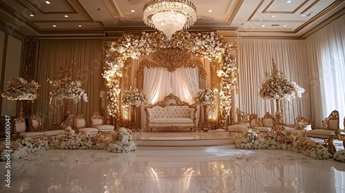 Lavish and Ornate Wedding Ceremony Setting with Luxurious Gold Accents Intricate Floral Arrangements and a Magnificent Chandelier Centerpiece that Creates a Sophisticated and Grandiose Ambiance