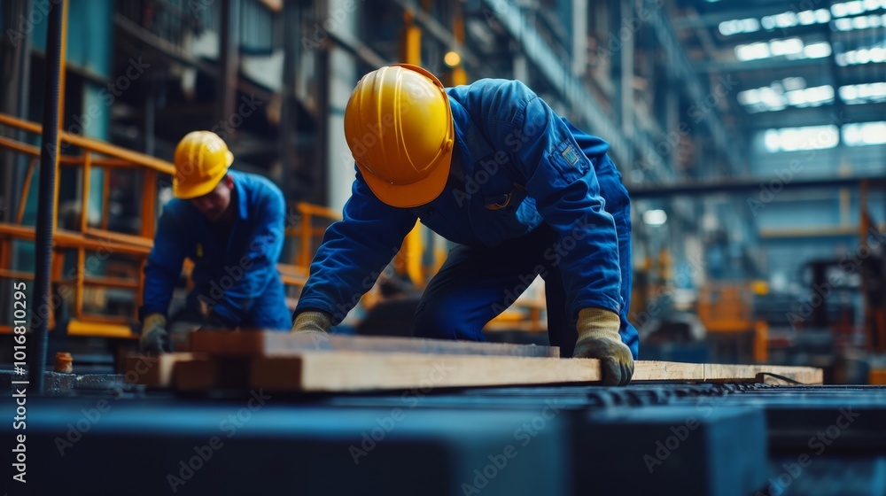 In a safe industrial setting, two workers in hard hats manage wooden materials, highlighting teamwork, collaboration, and adherence to safety protocols for a secure workplace for everyone In a safe industrial setting, two workers in hard hats manage wooden materials, highlighting teamwork, collaboration, and adherence to safety protocols for a secure workplace for everyone