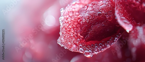  A red flower with water droplets on its petals and a blue sky behind