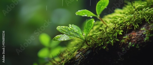  A tight shot of a plant against a mossy backdrop, adorned with water droplets on its foliage and mossy surfaces