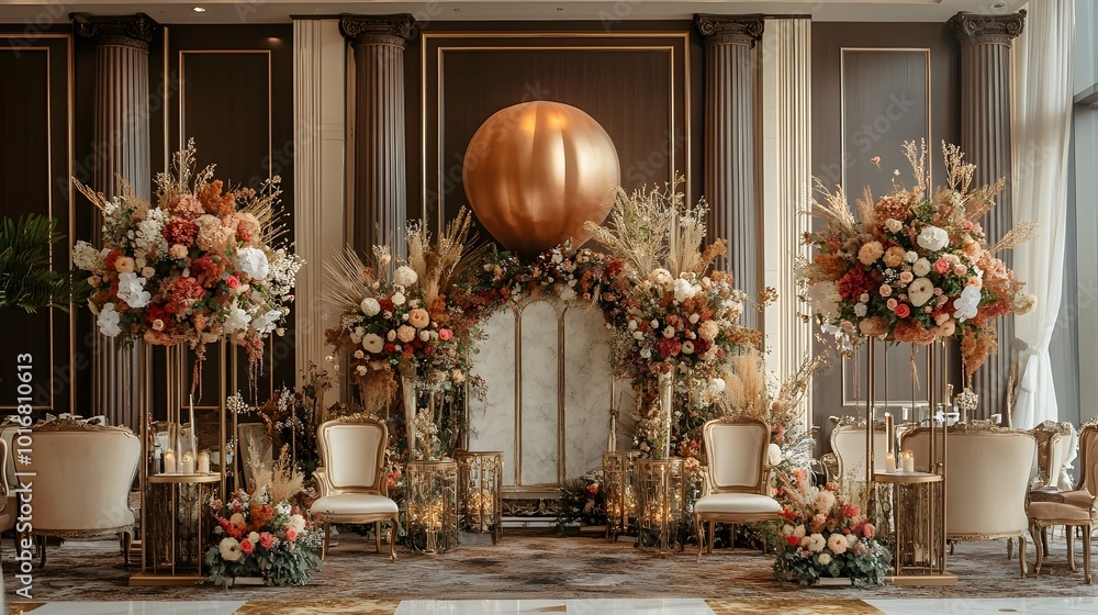 Exquisite and grandiose wedding event setup featuring a large air ...